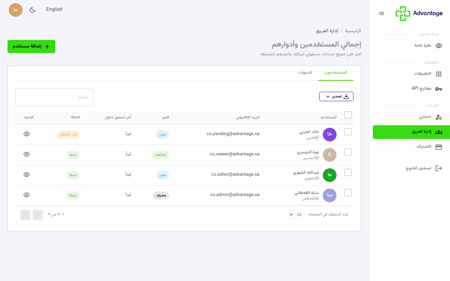 صفحة إدارة الفريق
