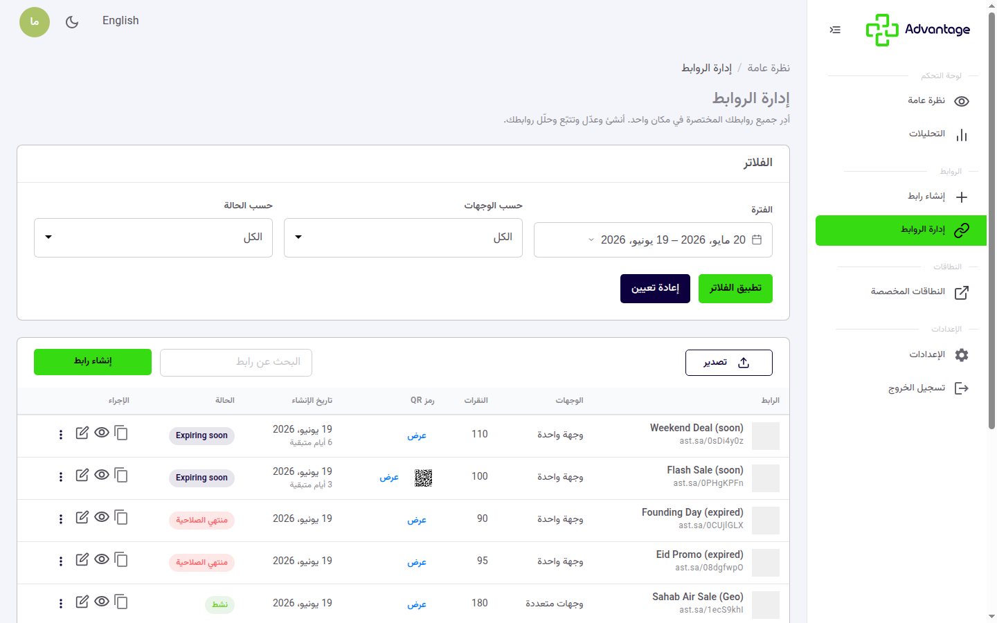 جدول إدارة الروابط