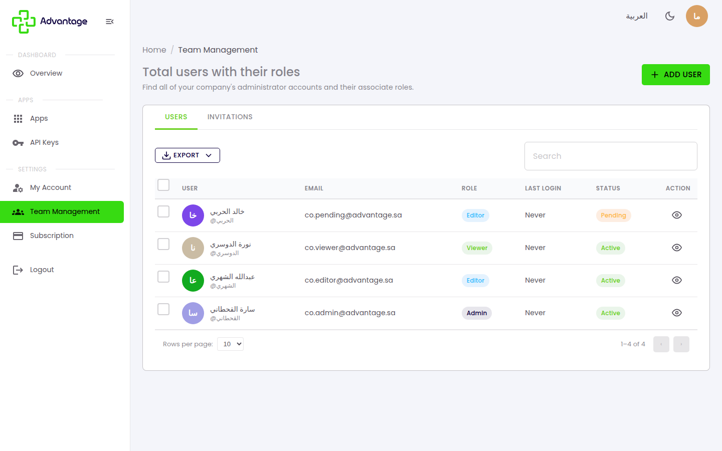 Team Management page