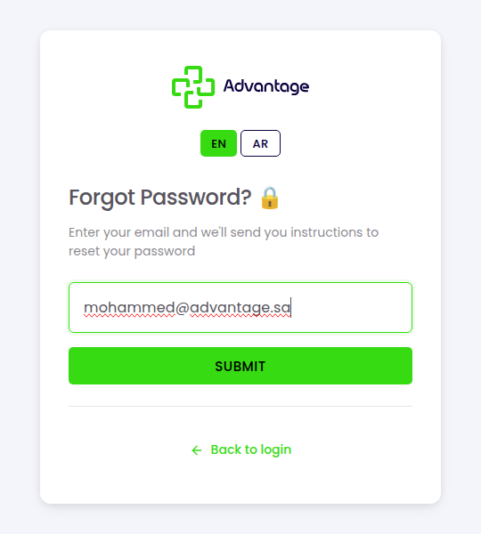 Forgot password form with an example email