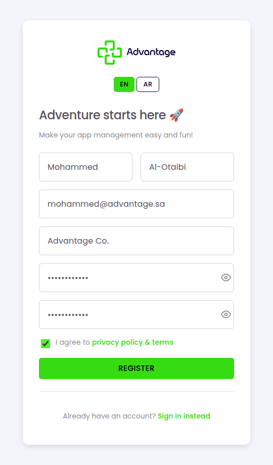 Registration form with example details filled in
