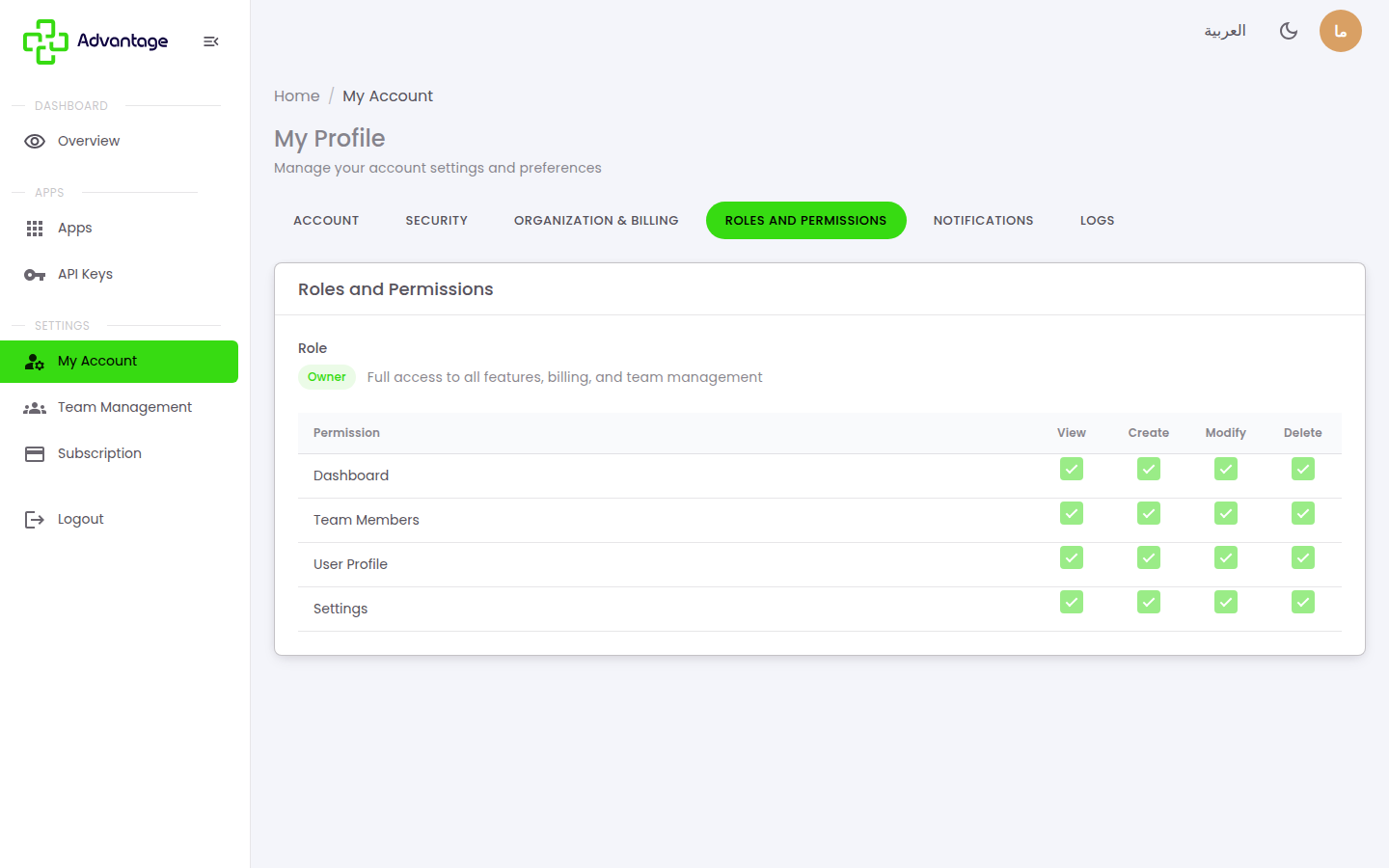 Roles & permissions tab