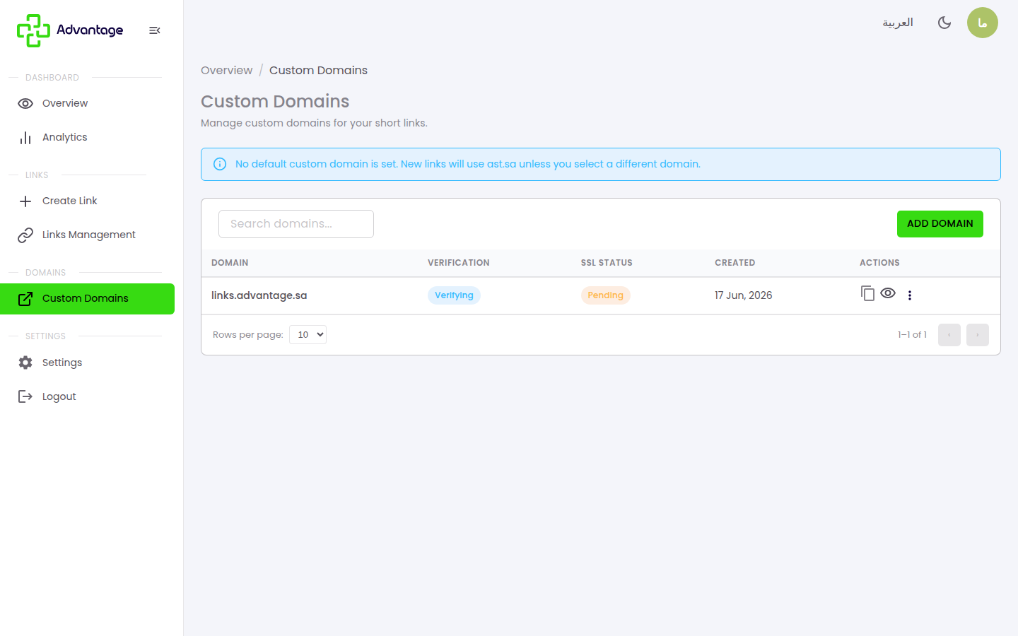 Custom Domains list with default and pending domains