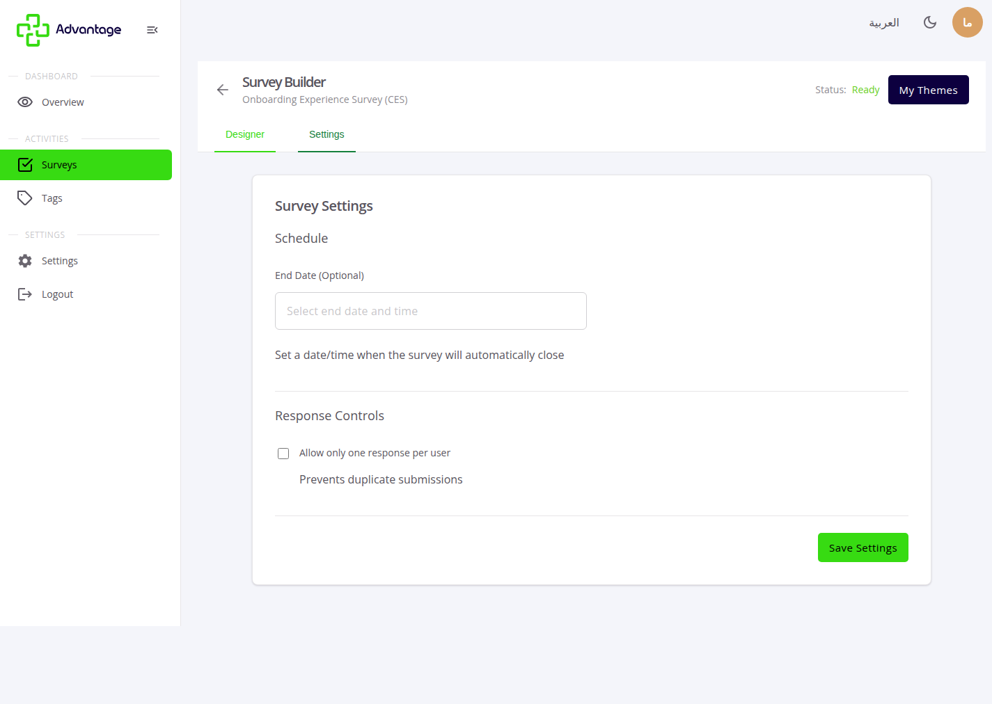 Survey settings tab